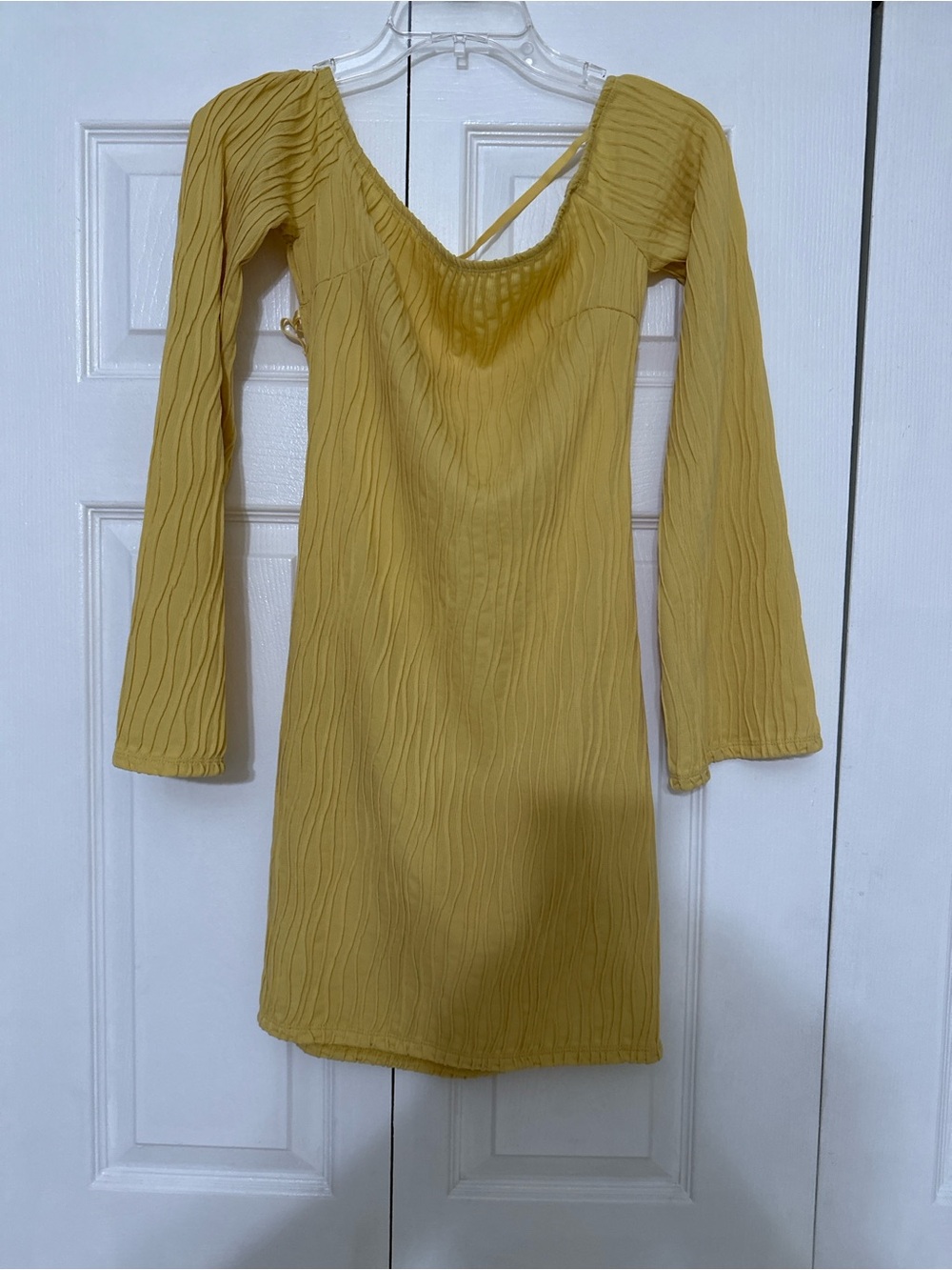Mustard Long-Sleeve Textured Mini Dress